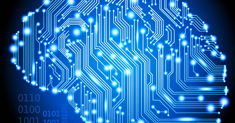 Vivid blue lines illustrating data whizzing in the shape of a brain